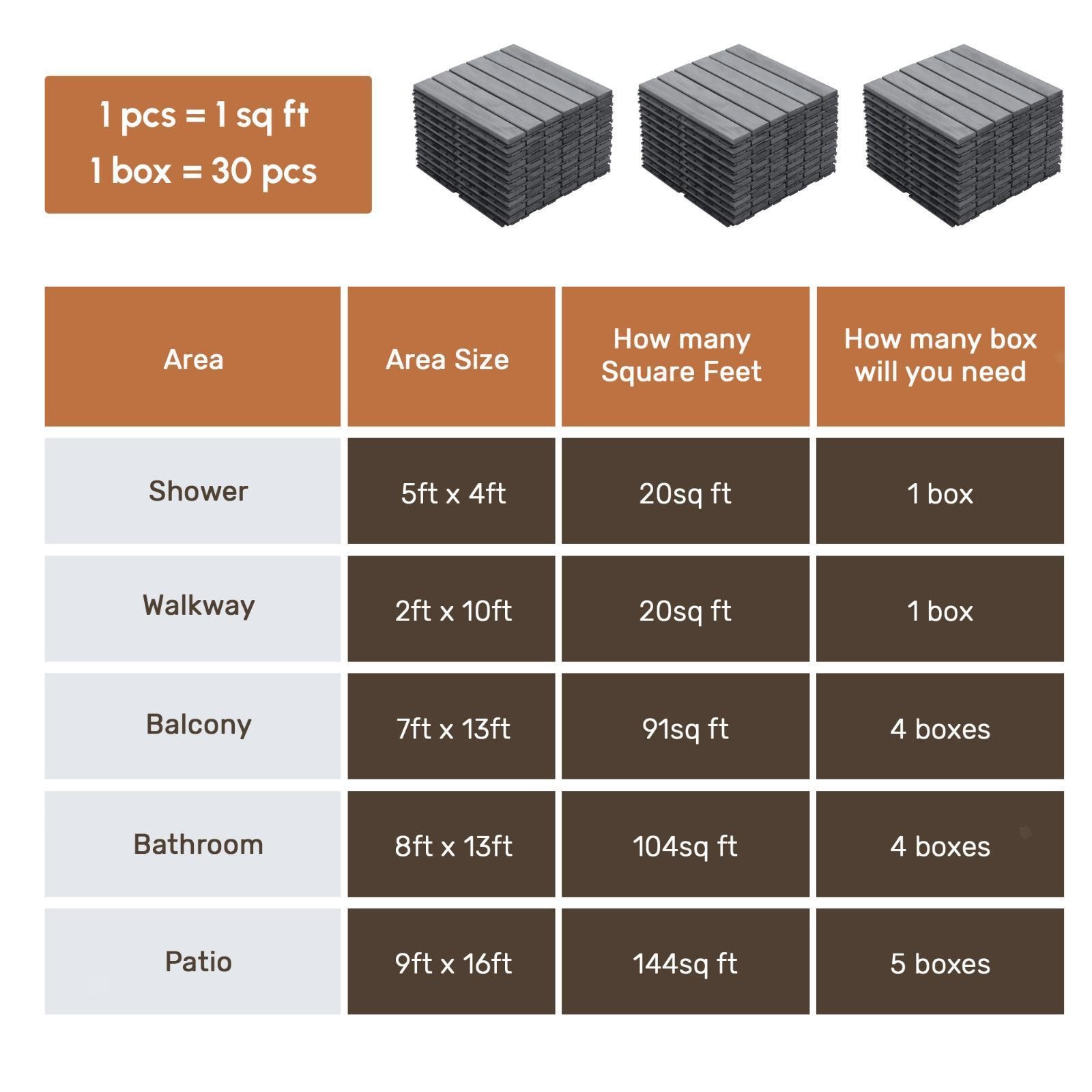 30 Interlocking Acacia Deck Tiles, Waterproof & Anti- 12×12 Light Gray Patio