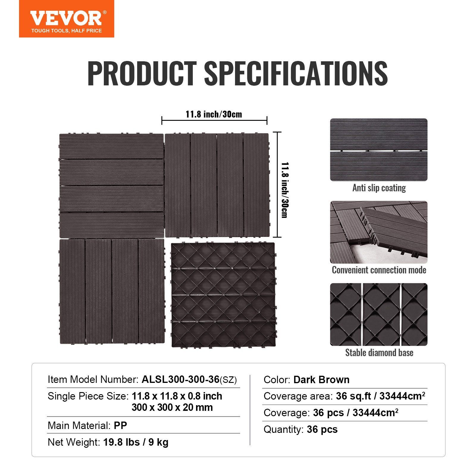 Interlocking Deck Tiles 36 Pack 12″ x 12″ Waterproof for Porch Dark Brown