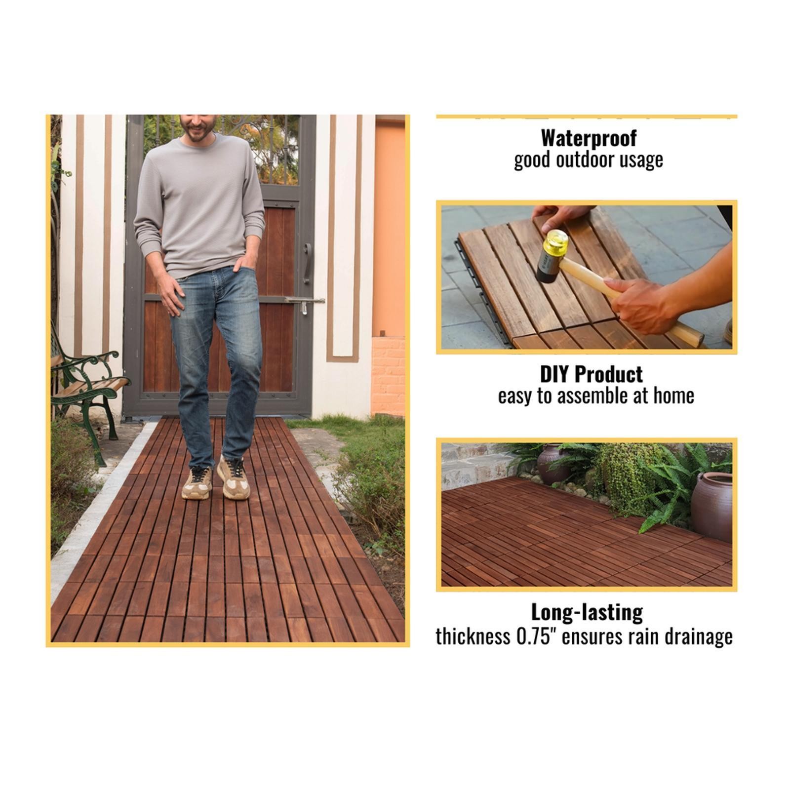 Premium Acacia Interlocking Deck Tiles, 20 Square Waterproof Outdoor Flooring