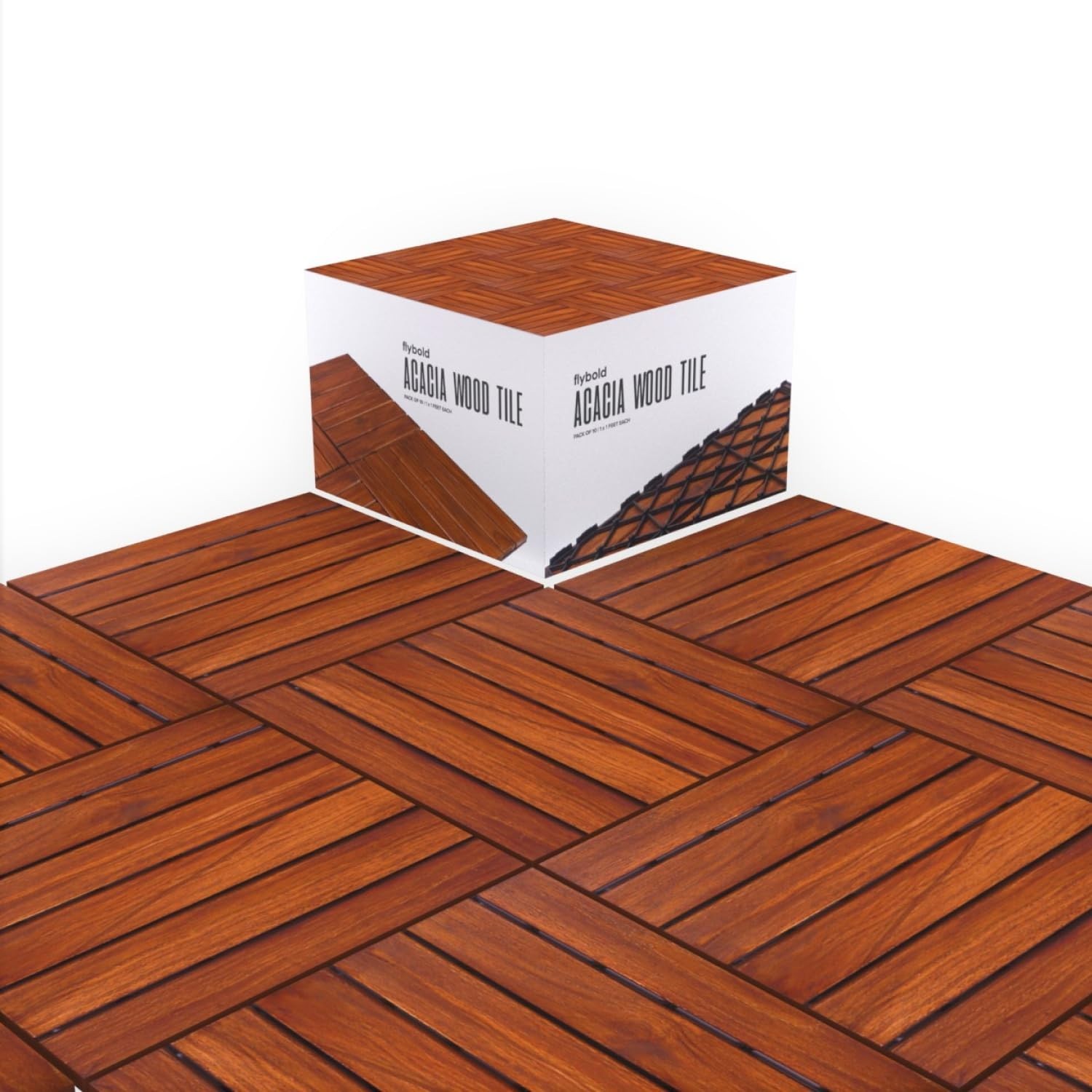 Acacia Wood Patio Flooring Interlocking Tiles Pack of 10, 12″ x 12″, All Weather