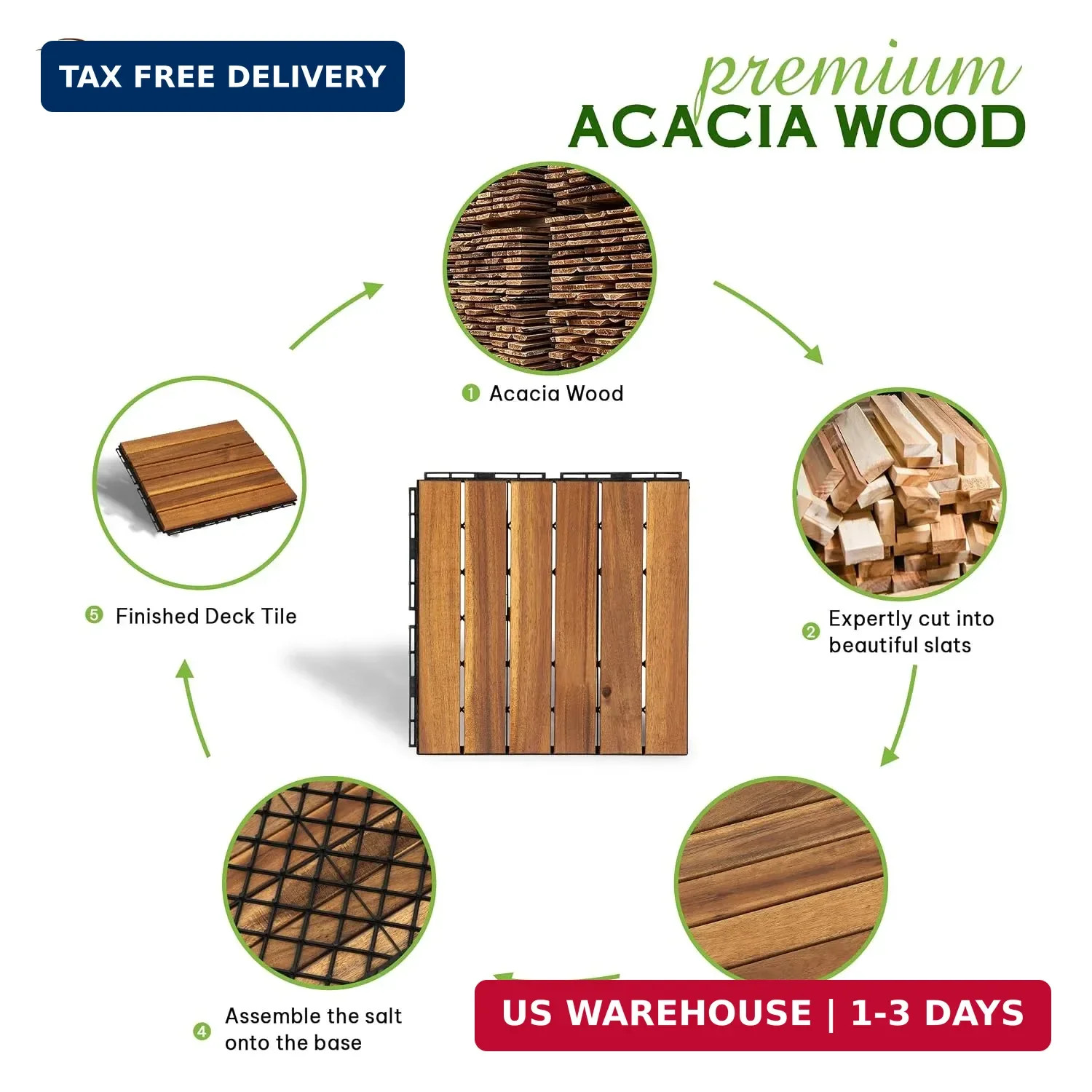Natural Acacia 12×12 Interlocking Wood Deck Tiles for Balcony, Gar