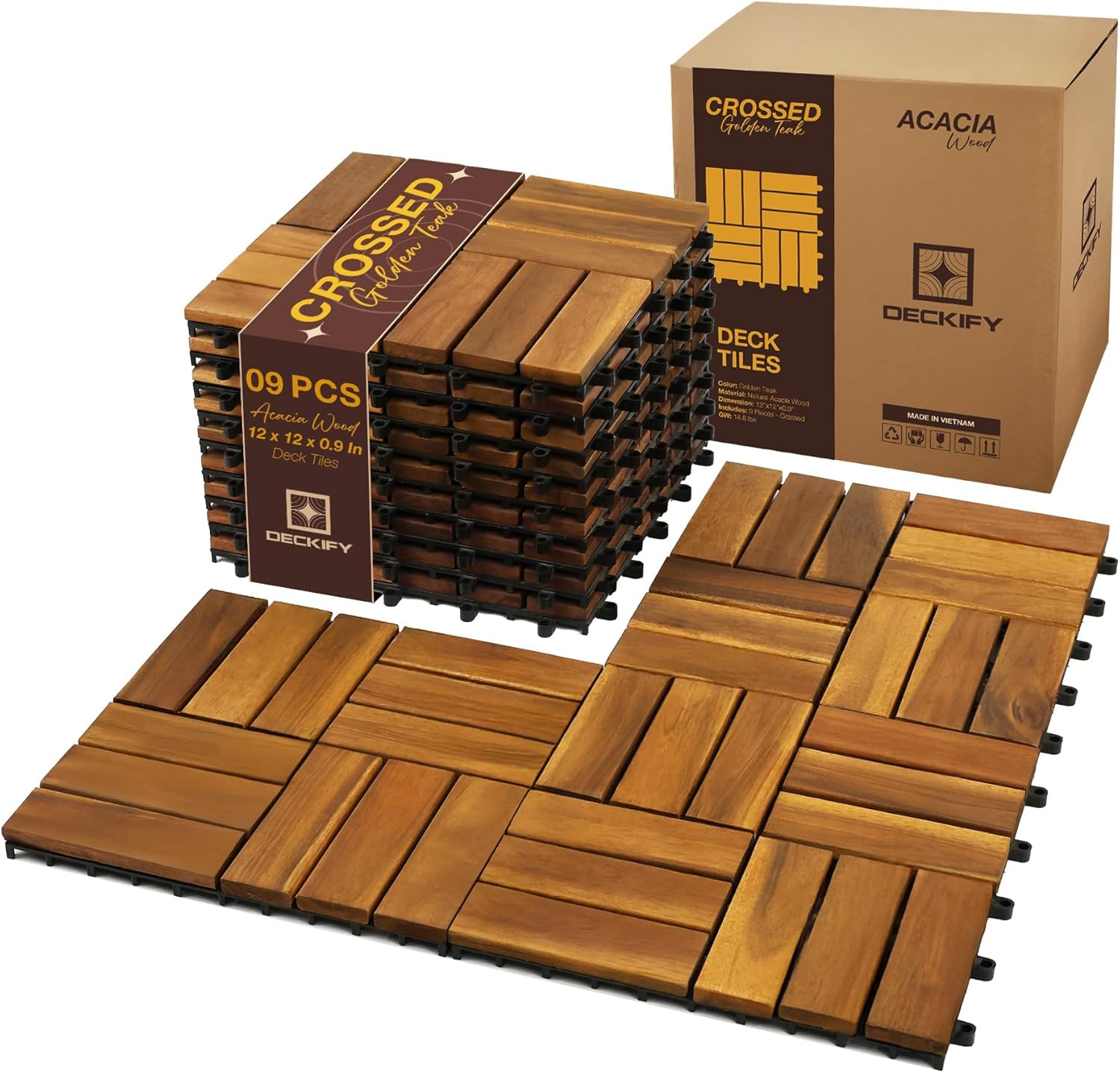 9Pcs Premium Acacia Wood Interlocking Patio Deck Tiles, 12 X 12 X 0.9 Inch Outdo