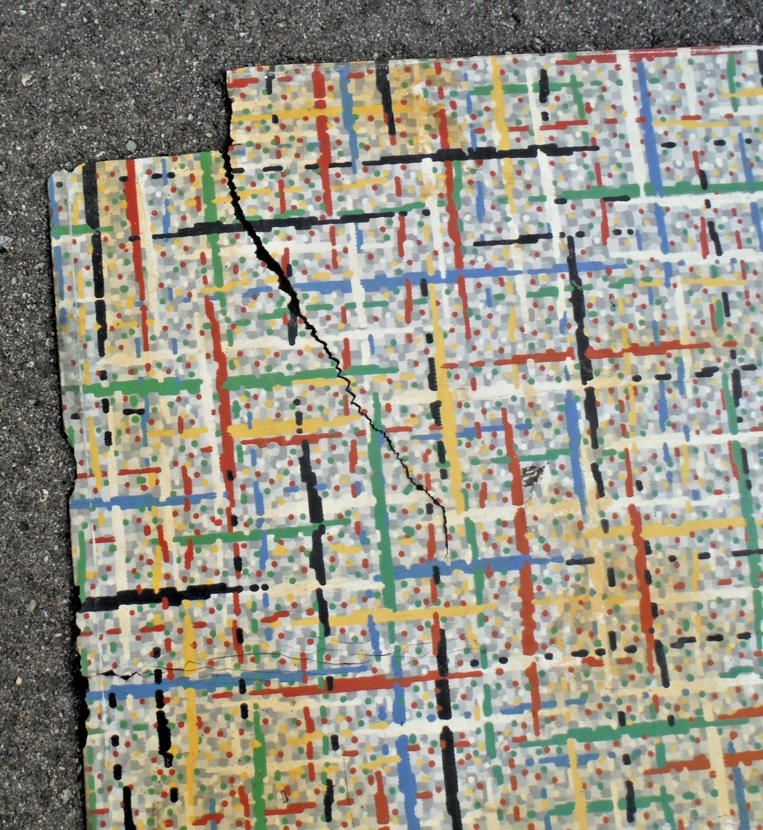 VTG~LINOLEUM FLOORING~L PIECE~45″x 60″~1950-60~MOVIE SET~MCM~GRAY GRID~PRIMARY E