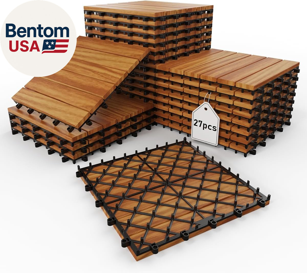 Acacia Wood Deck Tiles, 12″ X 12″ Interlocking Outdoor Flooring for Patio, Balco