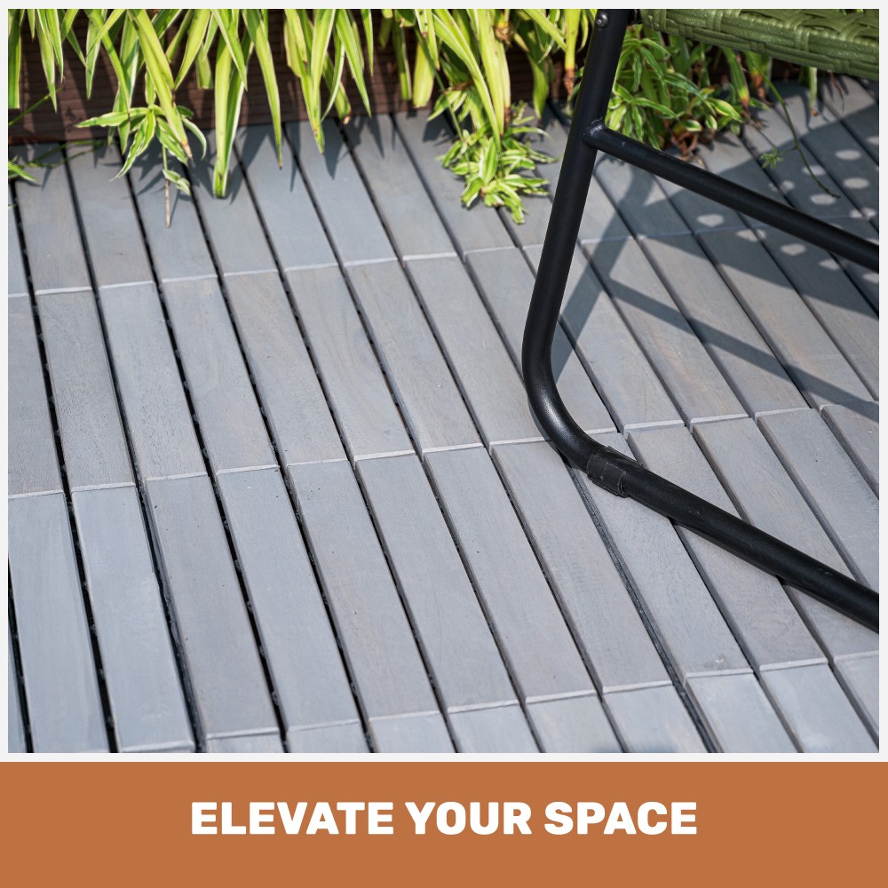 30PCS 12x12in Light Gray Acacia Wood Interlocking Deck Tiles Striped Outdoor