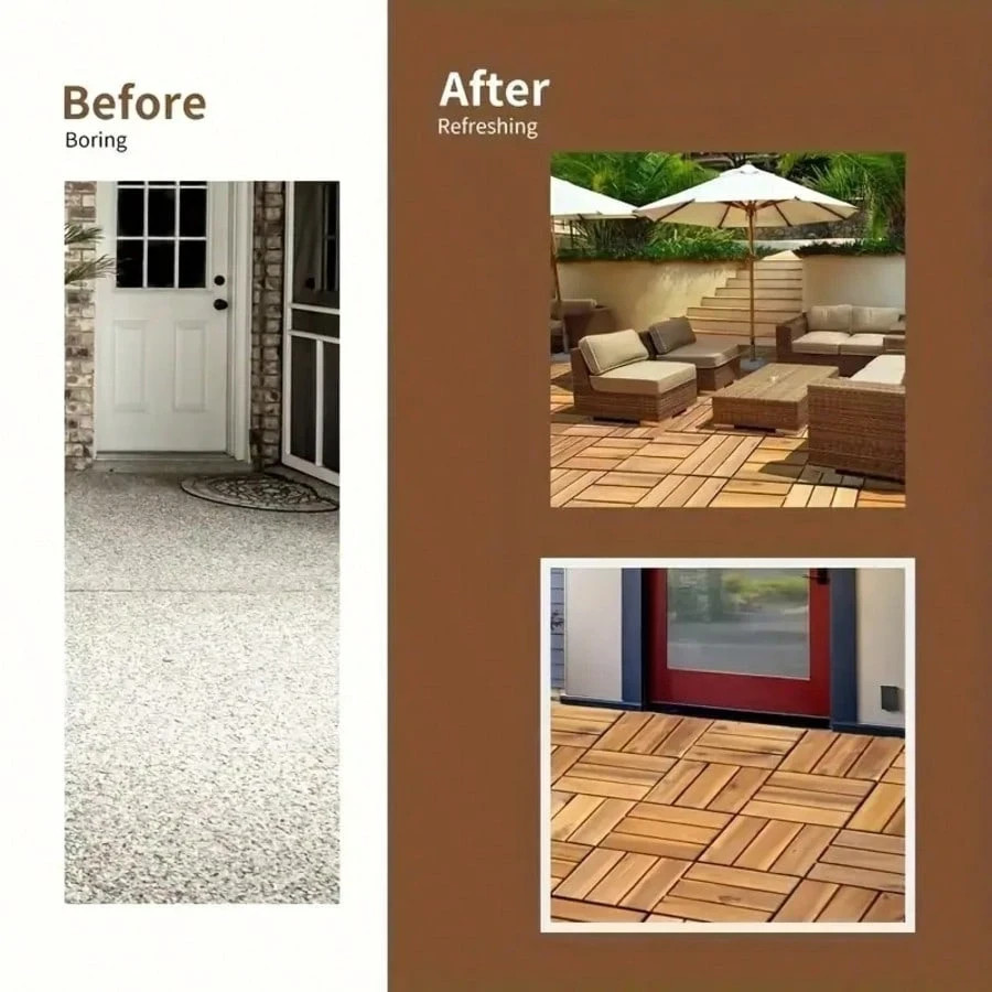 10 Pcs Solid Acacia Wood Interlocking Deck Tiles 12×12 Patio Floor All Weather