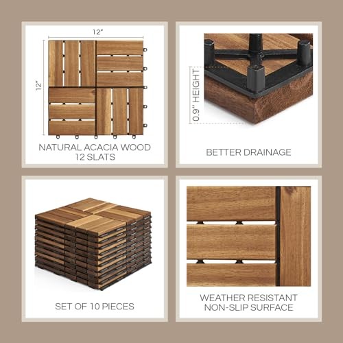 Acacia Wood Interlocking Deck Tiles (12″ 10 Pcs – 10 Square Ft Golden Teak 12S