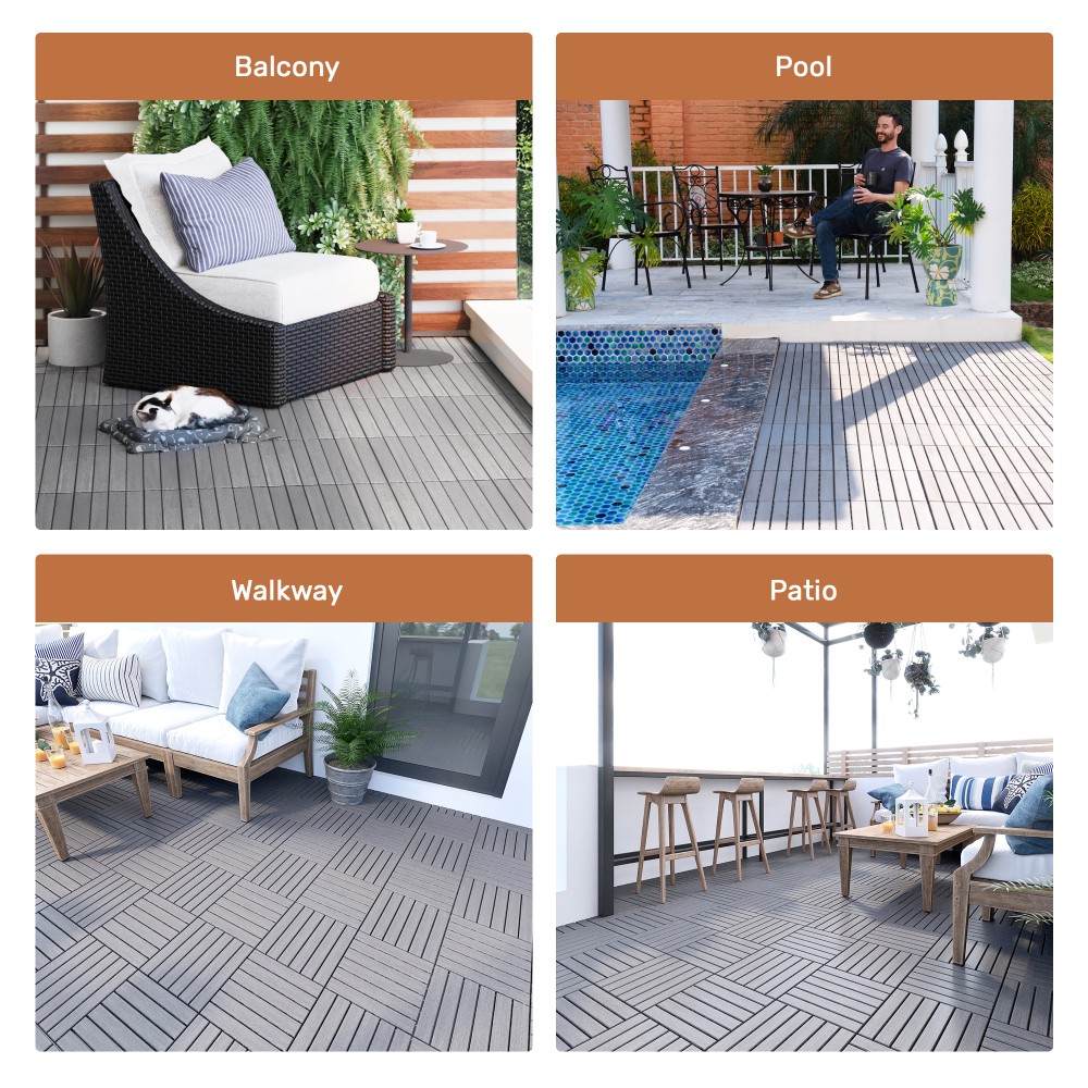 30PCS 12x12in Light Gray Acacia Wood Interlocking Deck Tiles Striped Outdoor