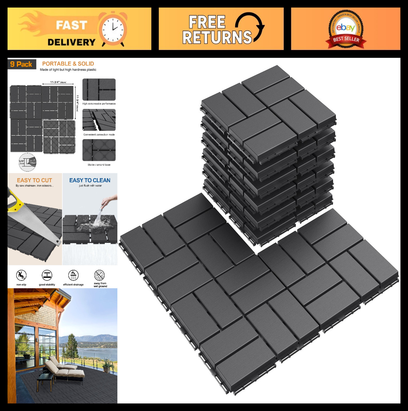 9 Pack Interlocking Deck Tiles 12″x12″ Outdoor Flooring – Waterproof Patio Paver