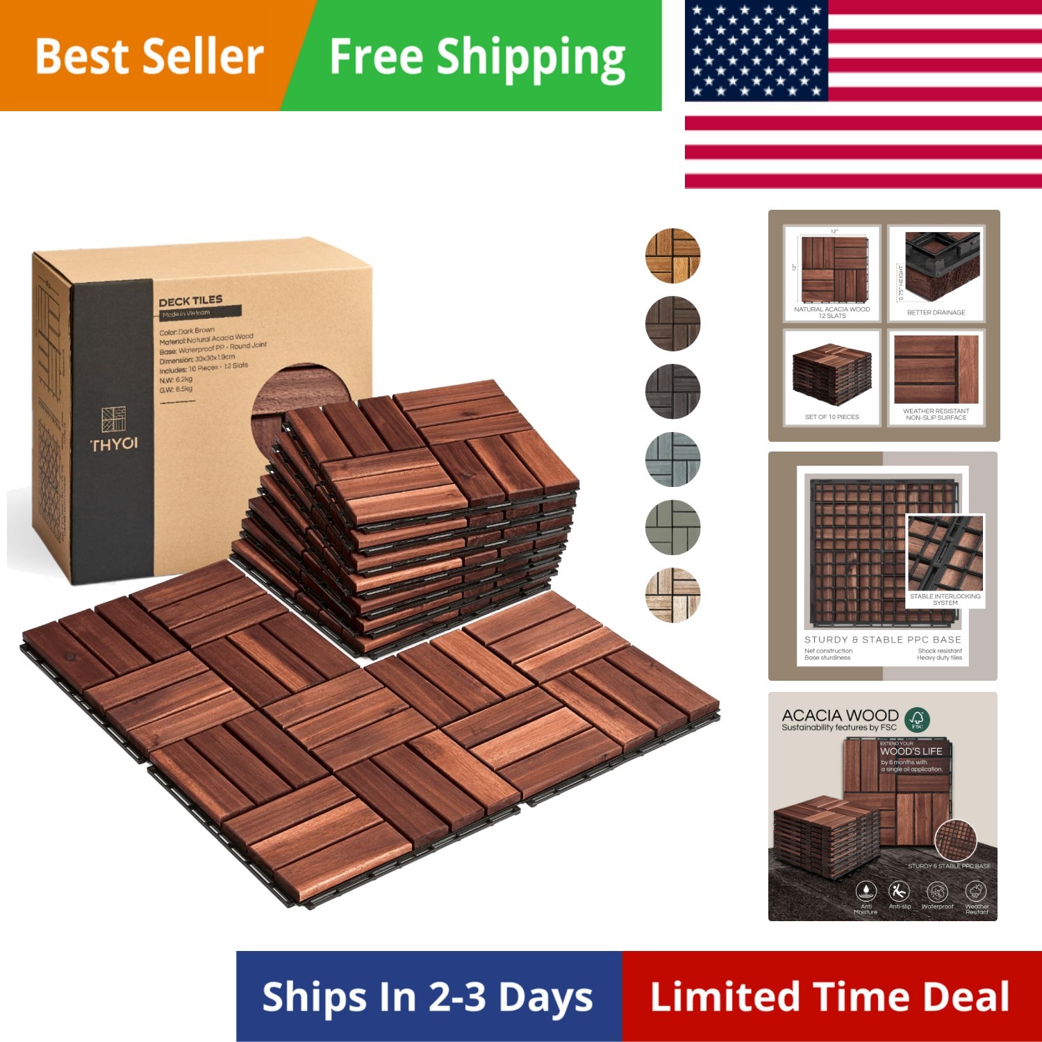 , Patio Flooring – Set 10 Pcs 12”x12”x0.9” Interlocking , Waterproof Acacia W…