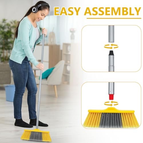 Indoor Broom for Floors 55” Soft Bristle Brooms for Sweeping A-yellow&gray
