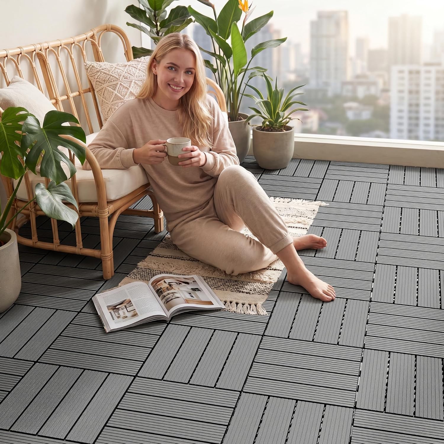 Plastic Interlocking Deck Tiles 44 Pcs Waterproof Patio Floor Tiles Balcony