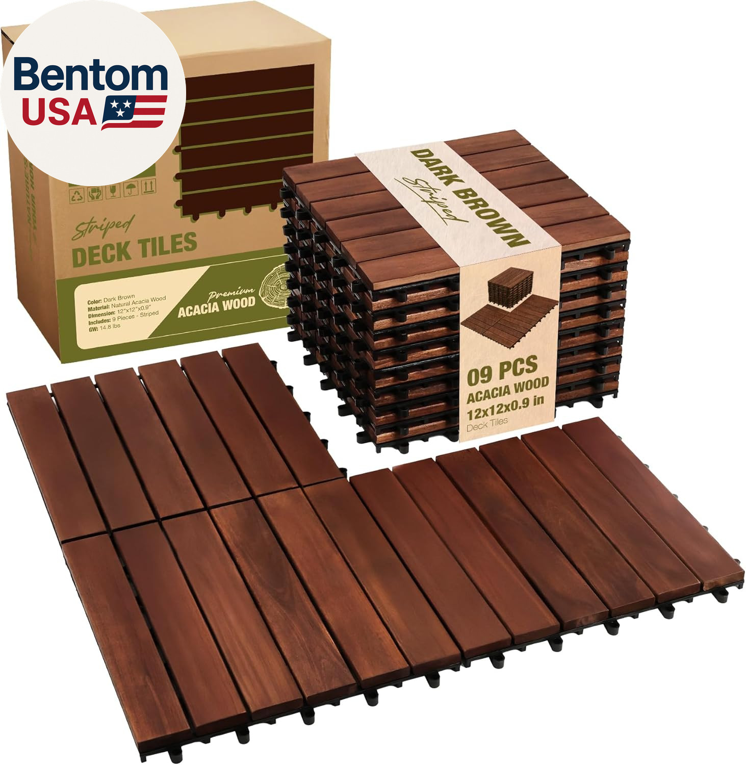 Premium Acacia Wood Interlocking Deck Tiles, 12″X12″X0.9″ Outdoor Patio Flooring