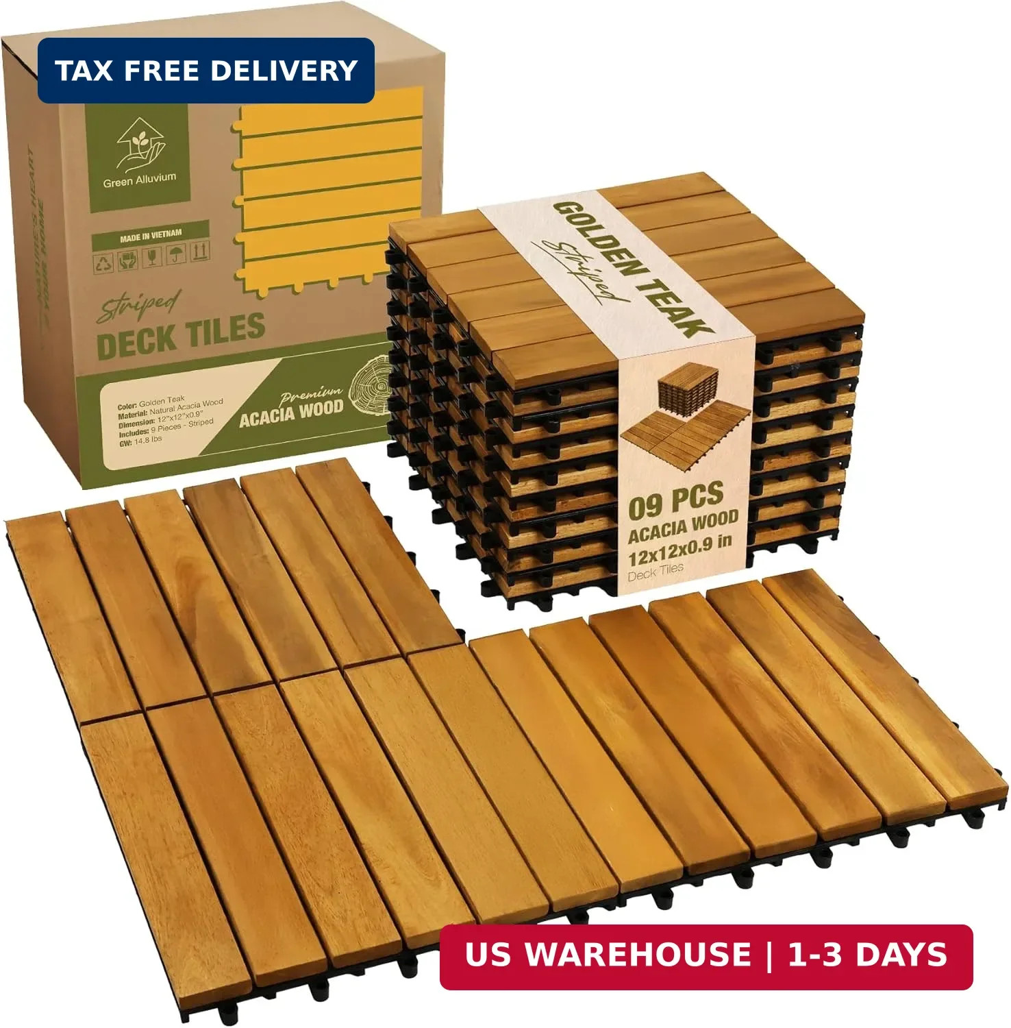 Acacia Wood Interlocking Deck Tiles, Patio & Backyard Tile, 12 in, 9 PCS | Patio