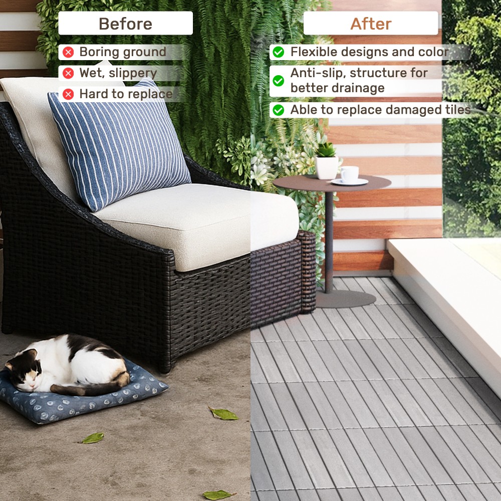 30PCS 12x12in Light Gray Acacia Wood Interlocking Deck Tiles Striped Outdoor