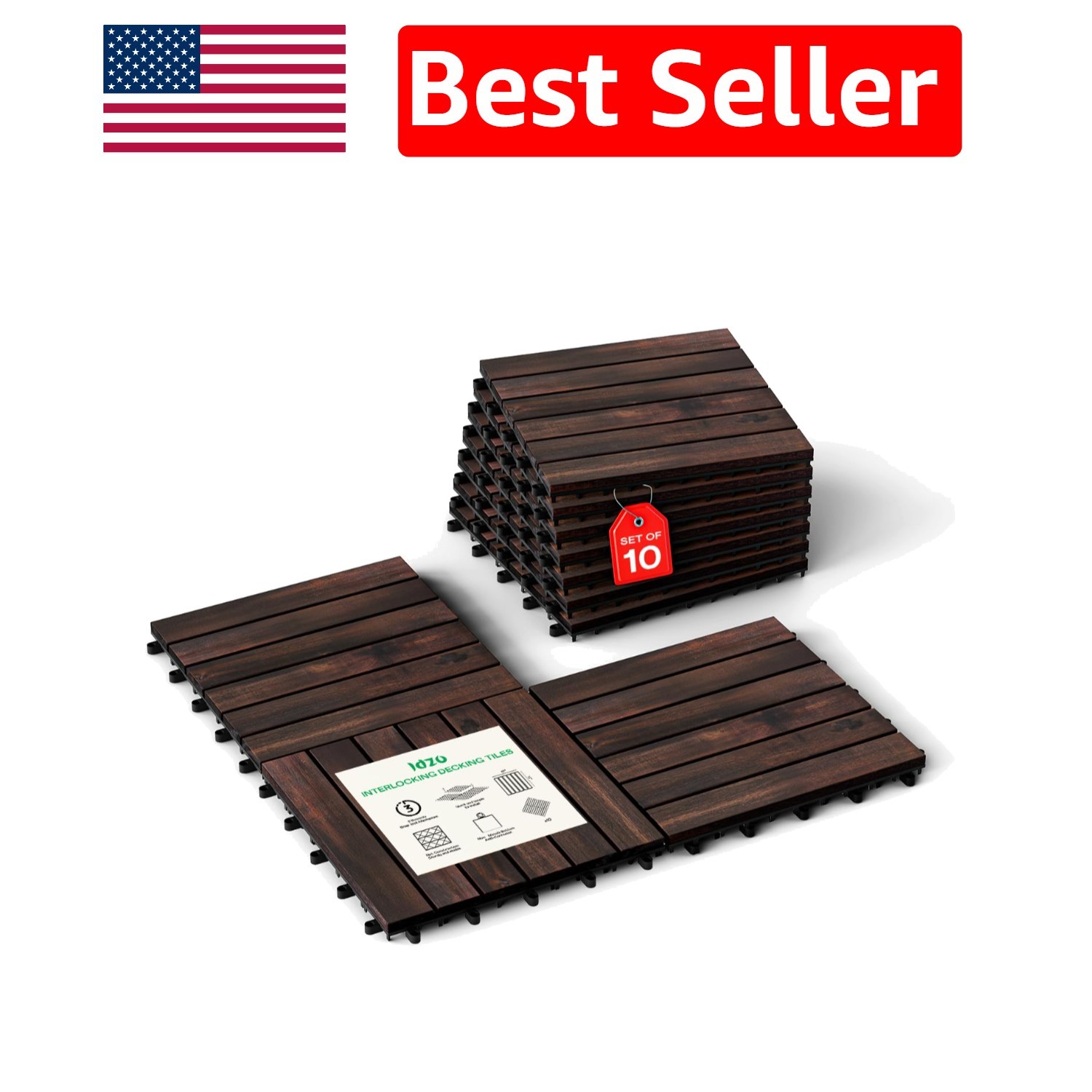 10 PCS Interlocking Deck Tiles – Waterproof Acacia Wood for Indoor & Outdoor Use