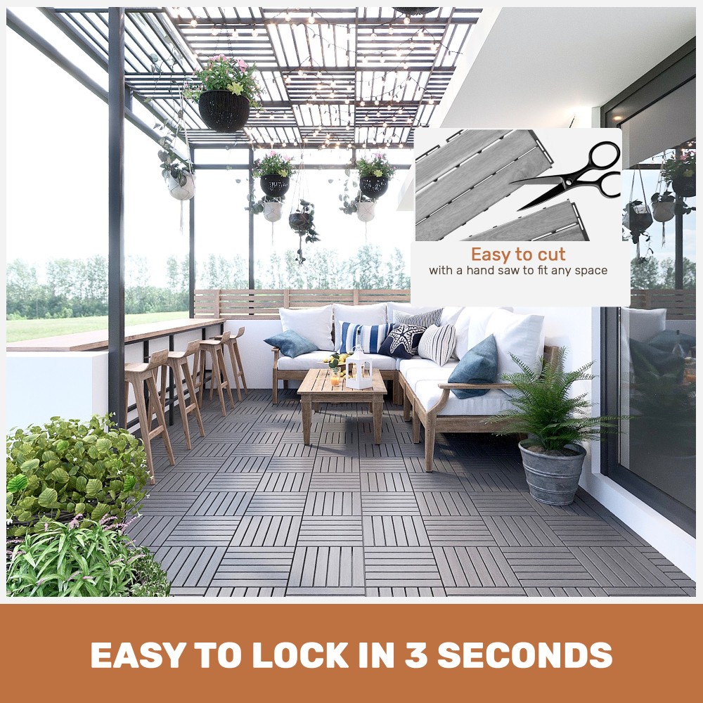30 PCS Interlocking Deck Tiles Striped Pattern 12×12 Light Gray Acacia Hardwood