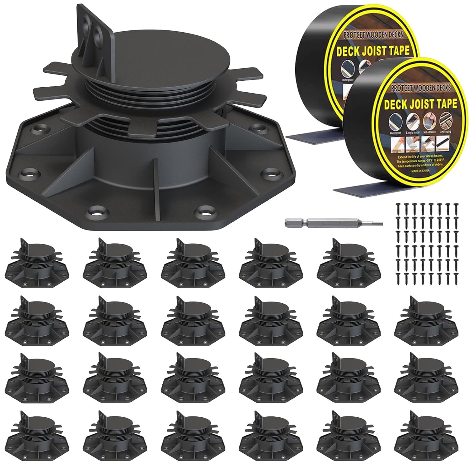 24-Pack Adjustable Deck Support Pedestals, 1.18″–2.36″ (30–60 Mm), for 2×4 & 2×6