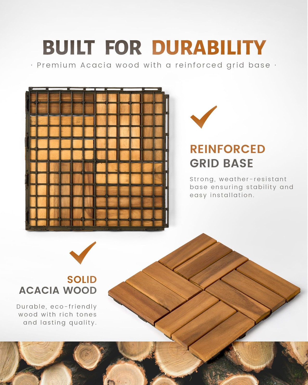 9 PCS Interlocking Deck Tiles 12″ x 12″, 12 Slats Outdoor Flooring Acacia Woo…
