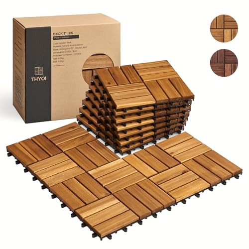 Acacia Wood Interlocking Deck Tiles (12″ 10 Pcs – 10 Square Ft Golden Teak 12S