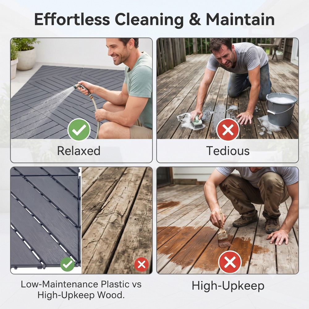 44x Plastic Interlocking Deck Tiles 12″x12″ Waterproof Non-Slip Patio Flooring