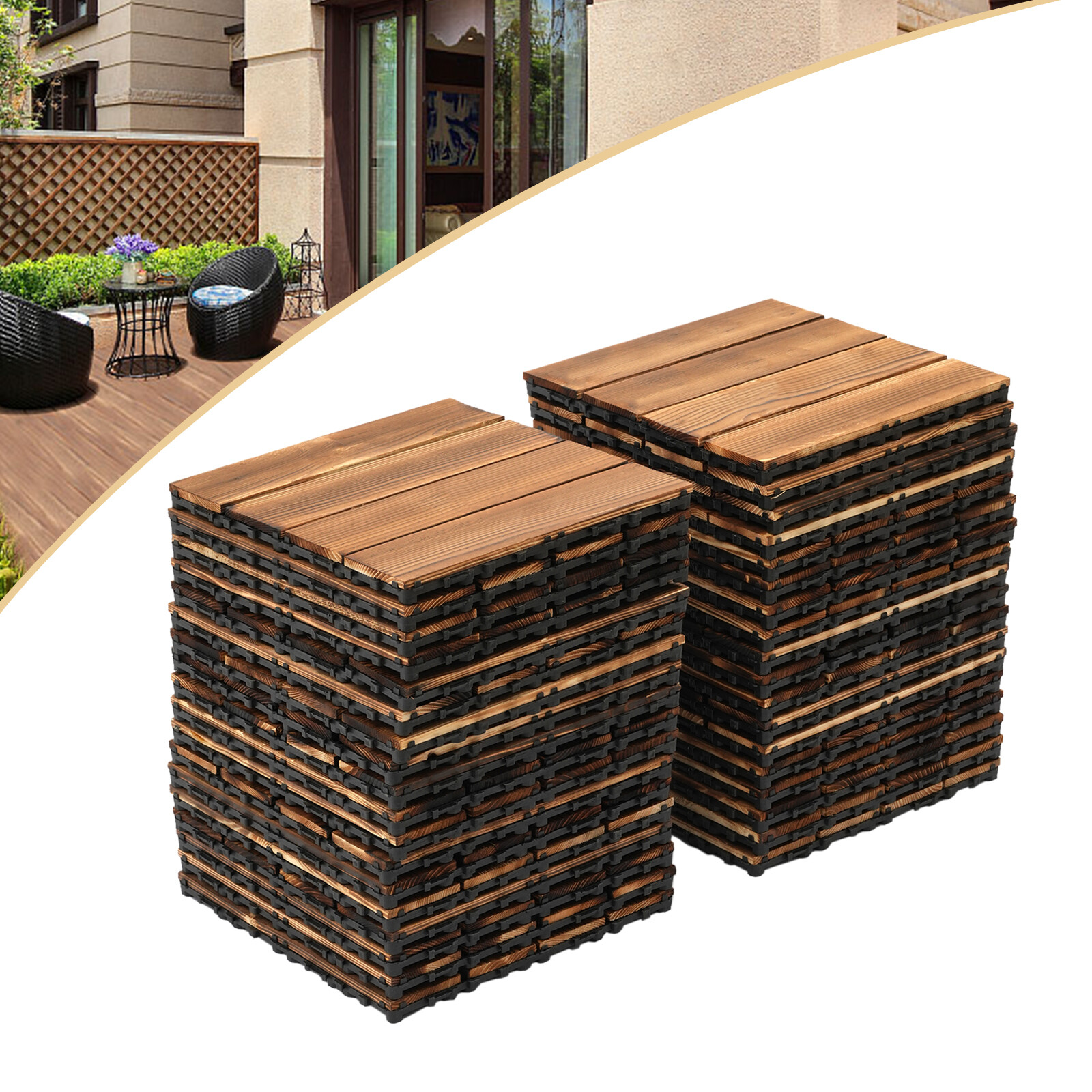 Hardwood Interlocking Patio Deck Tiles Wood Flooring DIY Outdoor 12”x12” 36Pcs