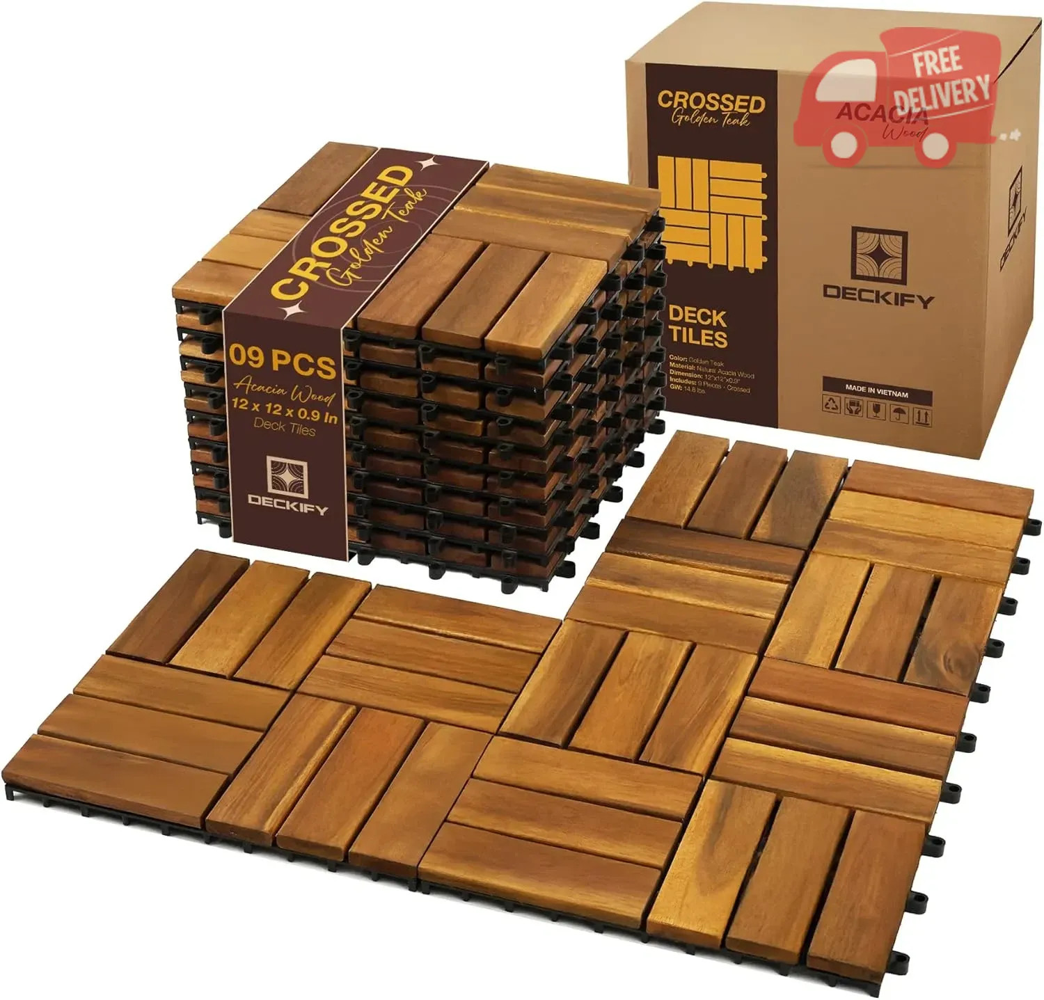 9Pcs Premium Acacia Wood Interlocking Patio Deck Tiles, 12 X 12 X 0.9 Inch Outdo