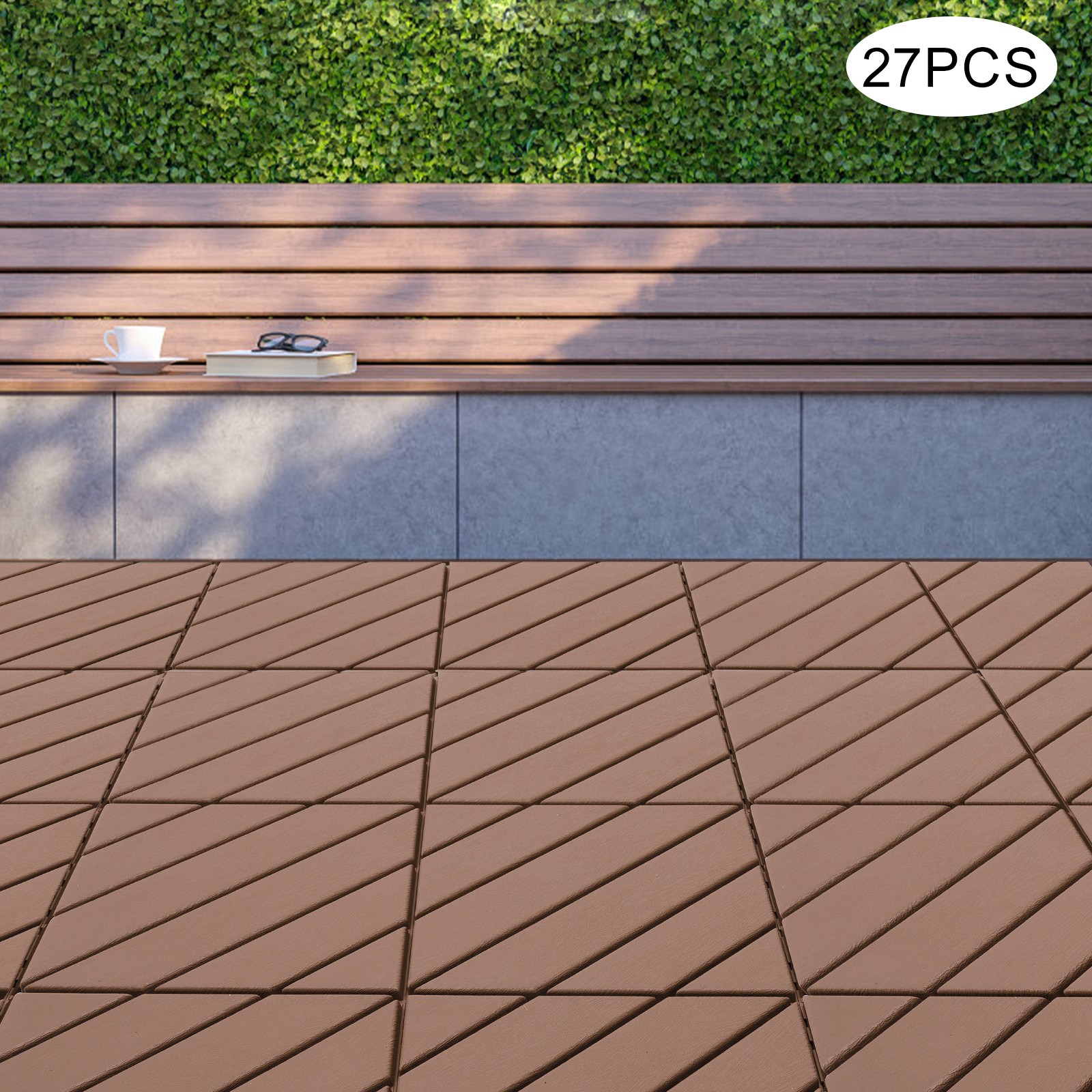 27 PACK Plastic Interlocking Deck Tiles Outdoor Patio Flooring Coffee 12″x12″.