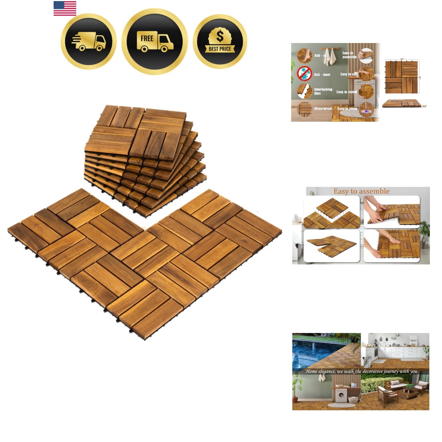 Pack of 10 Deck Tiles – 12″x12″ Interlocking Natural Solid Acacia Wood for Ou…