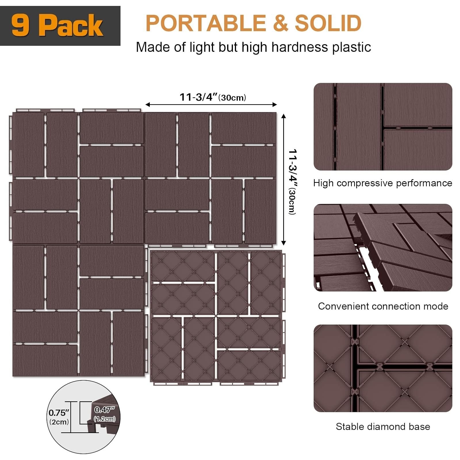 Plastic Interlocking Deck Tiles, 9 Pack Outdoor Patio Flooring, 12″x12″ Interloc