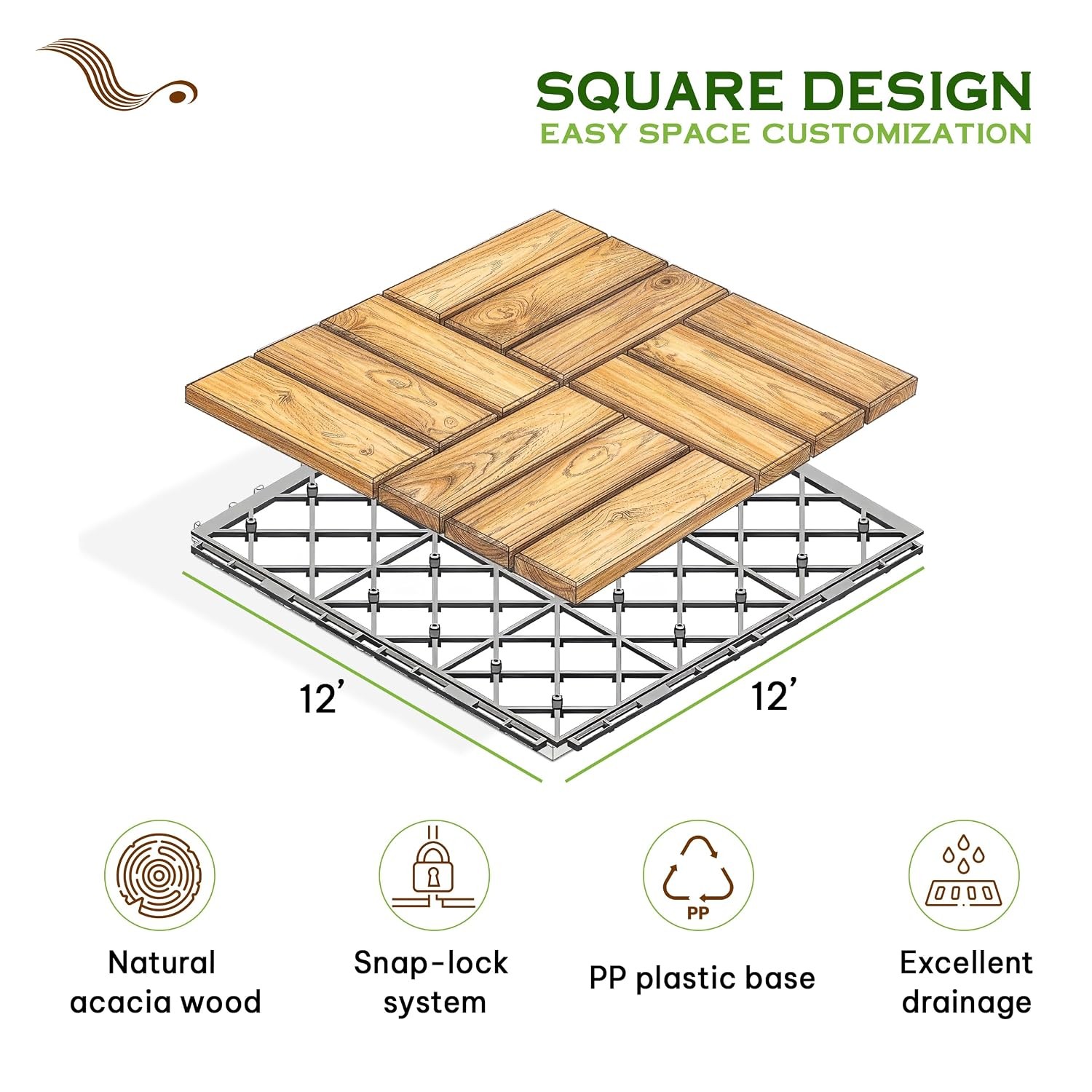 Brown Acacia 12×12 Interlocking Wooden Deck Tiles for Balcony Garden Patio