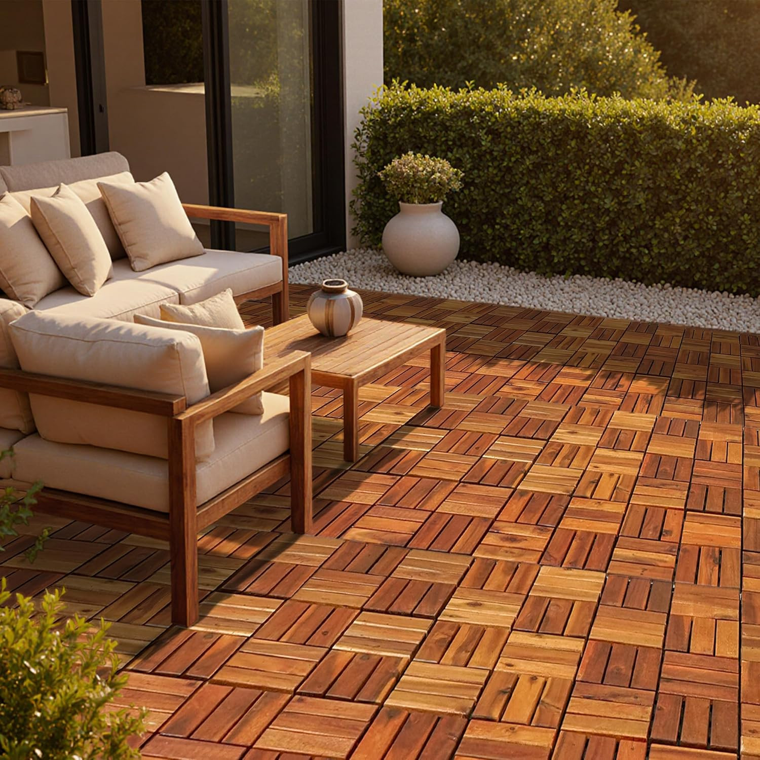Wood Interlocking Deck Tiles 12×12 Outdoor Flooring 10 Pcs Weather Resistant Nat