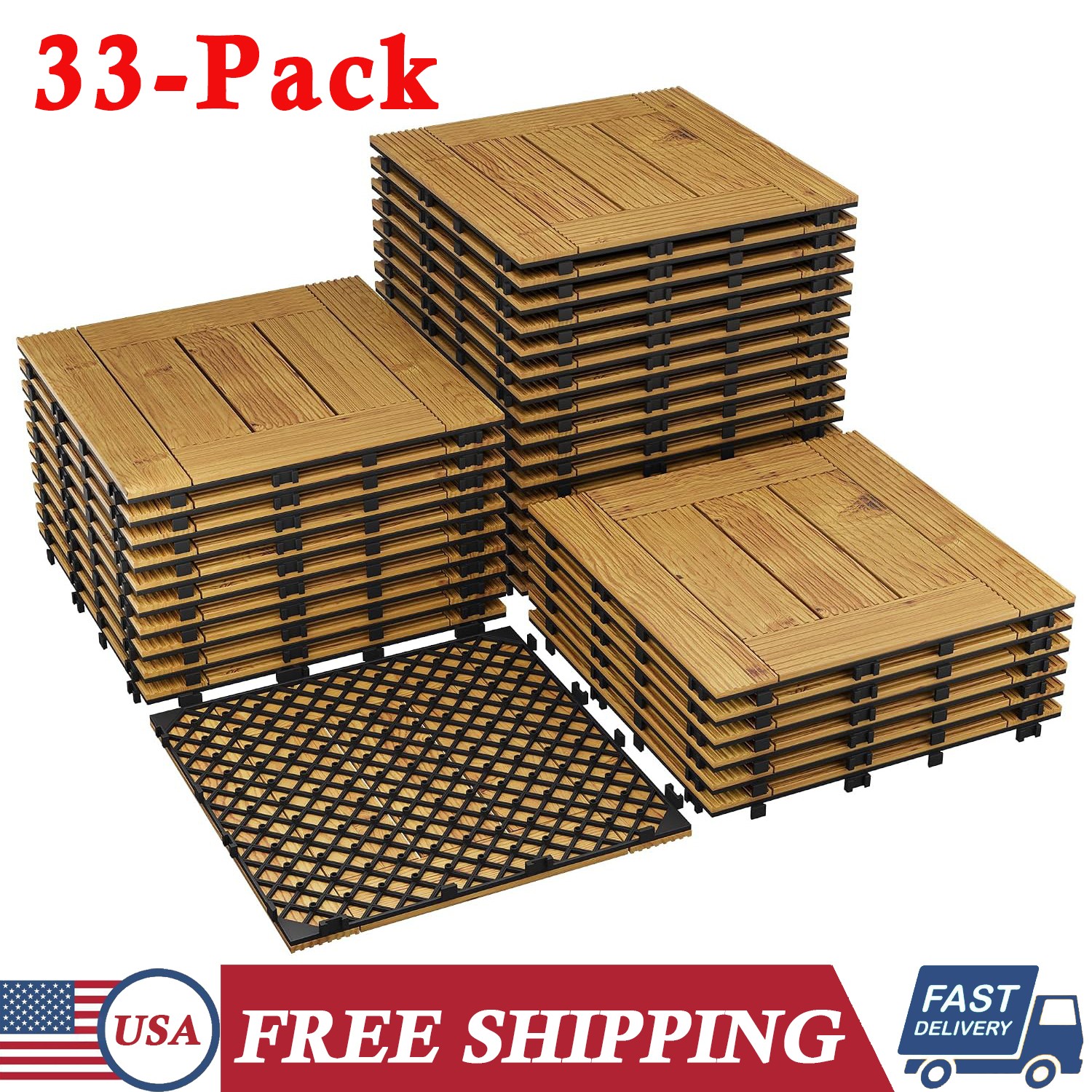 33 PCS Acacia Wood Composite Deck Tiles 12”x12” Indoor Outdoor Flooring Tiles