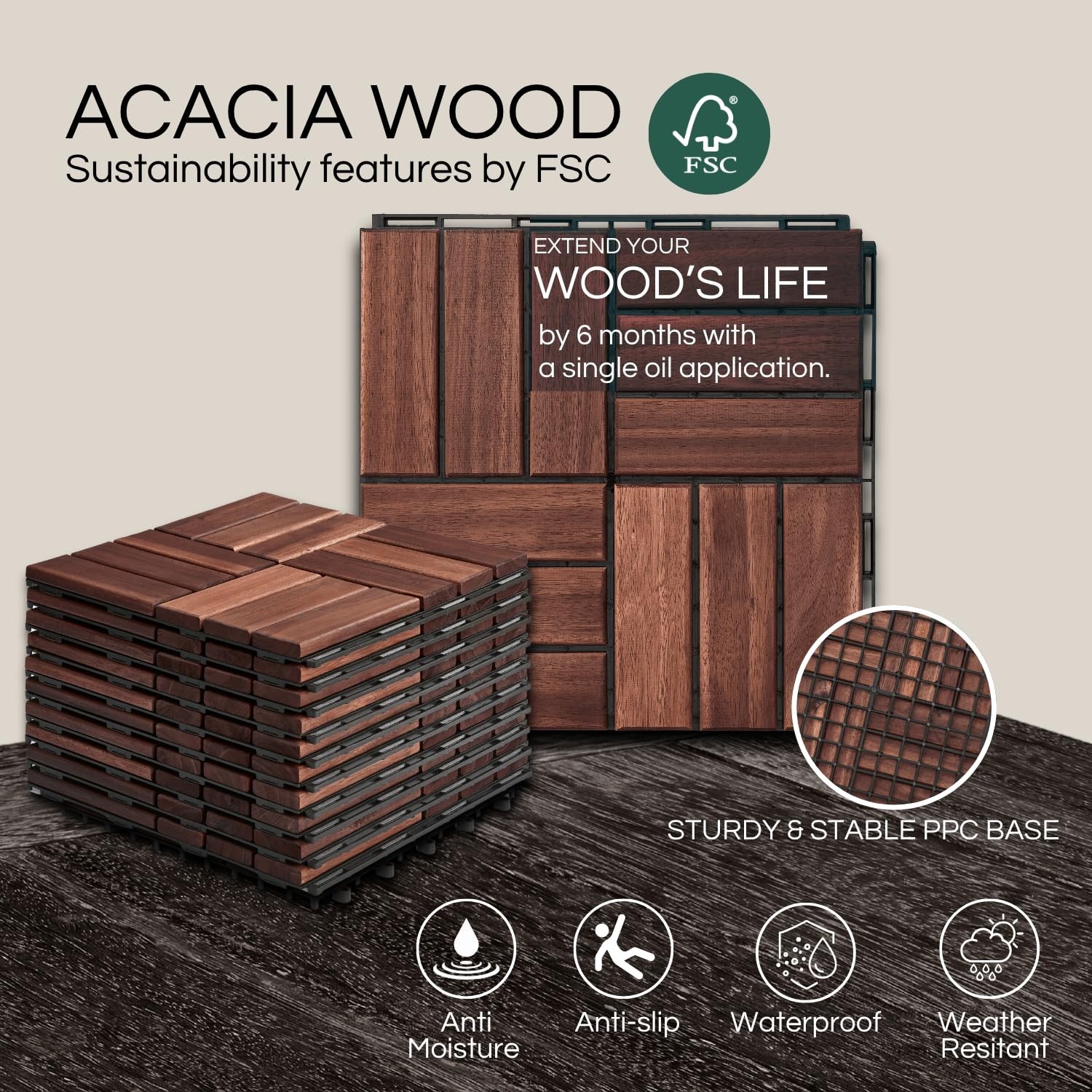 Interlocking Deck Tiles 10 Pcs – 12″x12″ Waterproof Acacia Wood for Patio, Balco