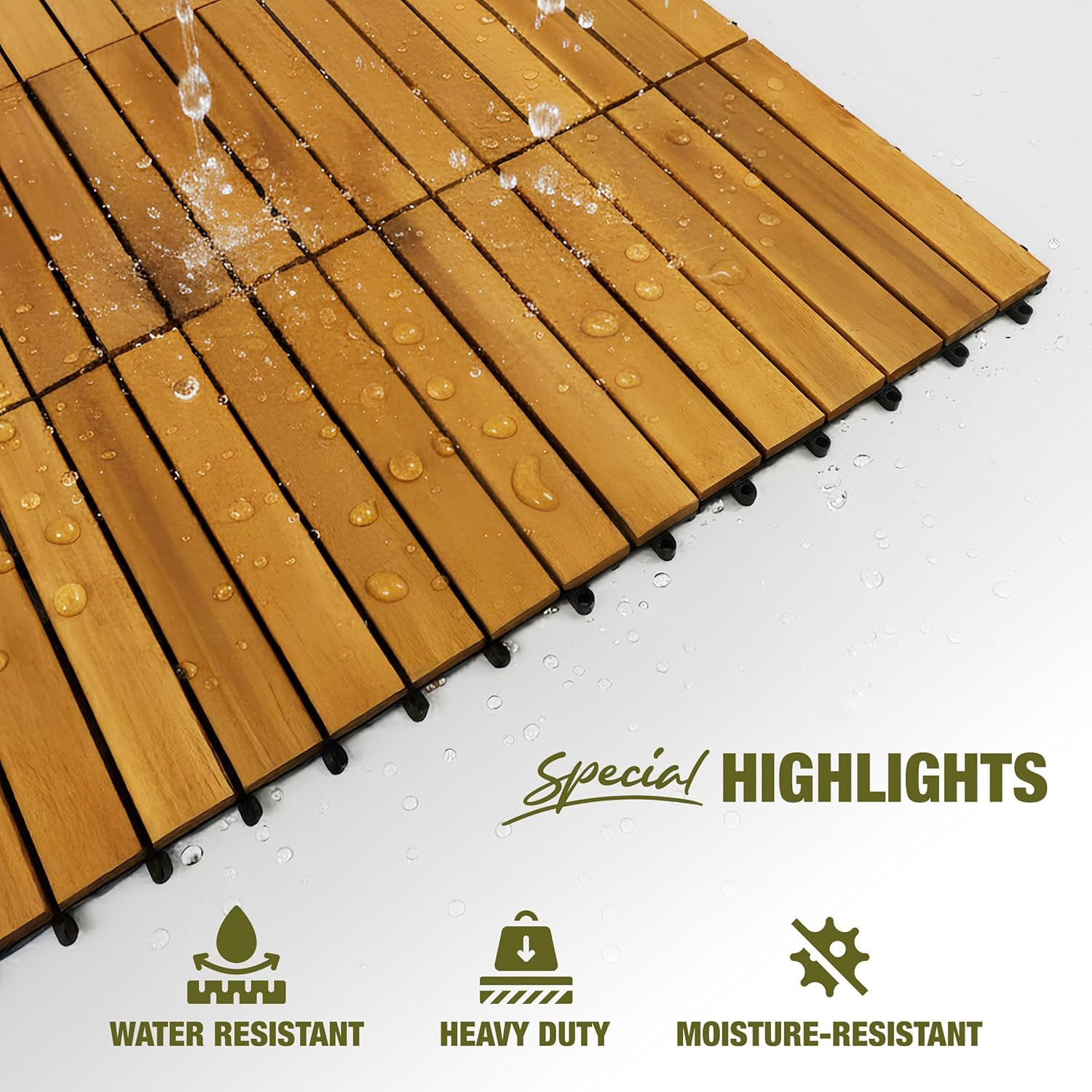 Premium Acacia Wood Interlocking Deck Tiles, 9 PCS 12″X12″X0.9″ Floor Tiles, Wat