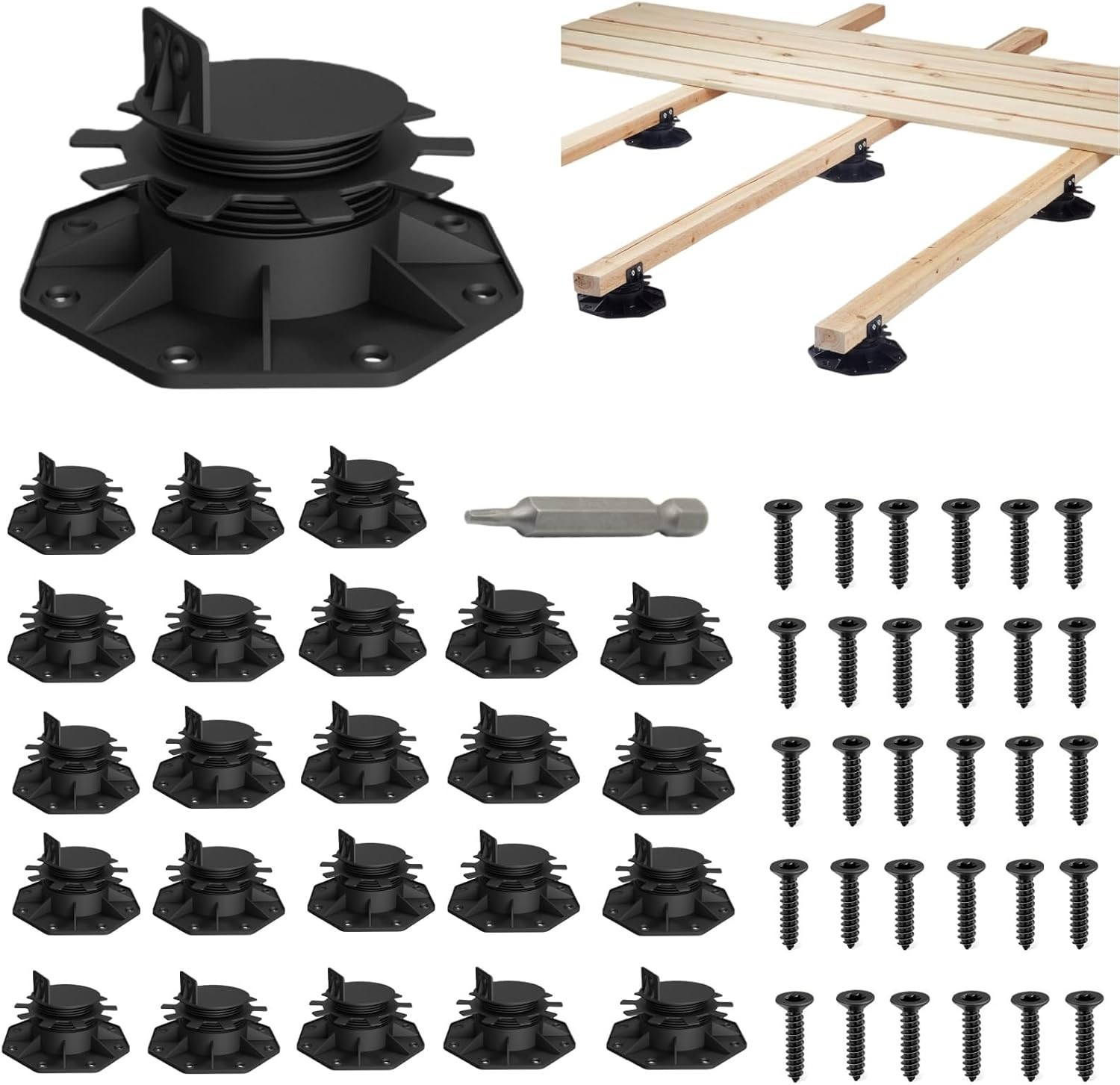 24-Pack Adjustable Deck Support Pedestals, 1.18″–2.36″ (30–60 Mm), for 2×4 & 2×6