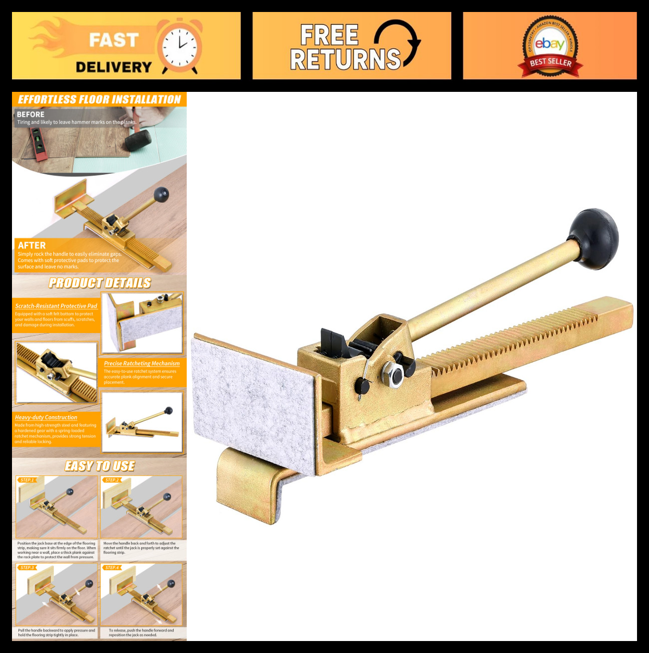 Flooring Jack Tool with Protective Pad – Scratch-Resistant, Easy Ratcheting for