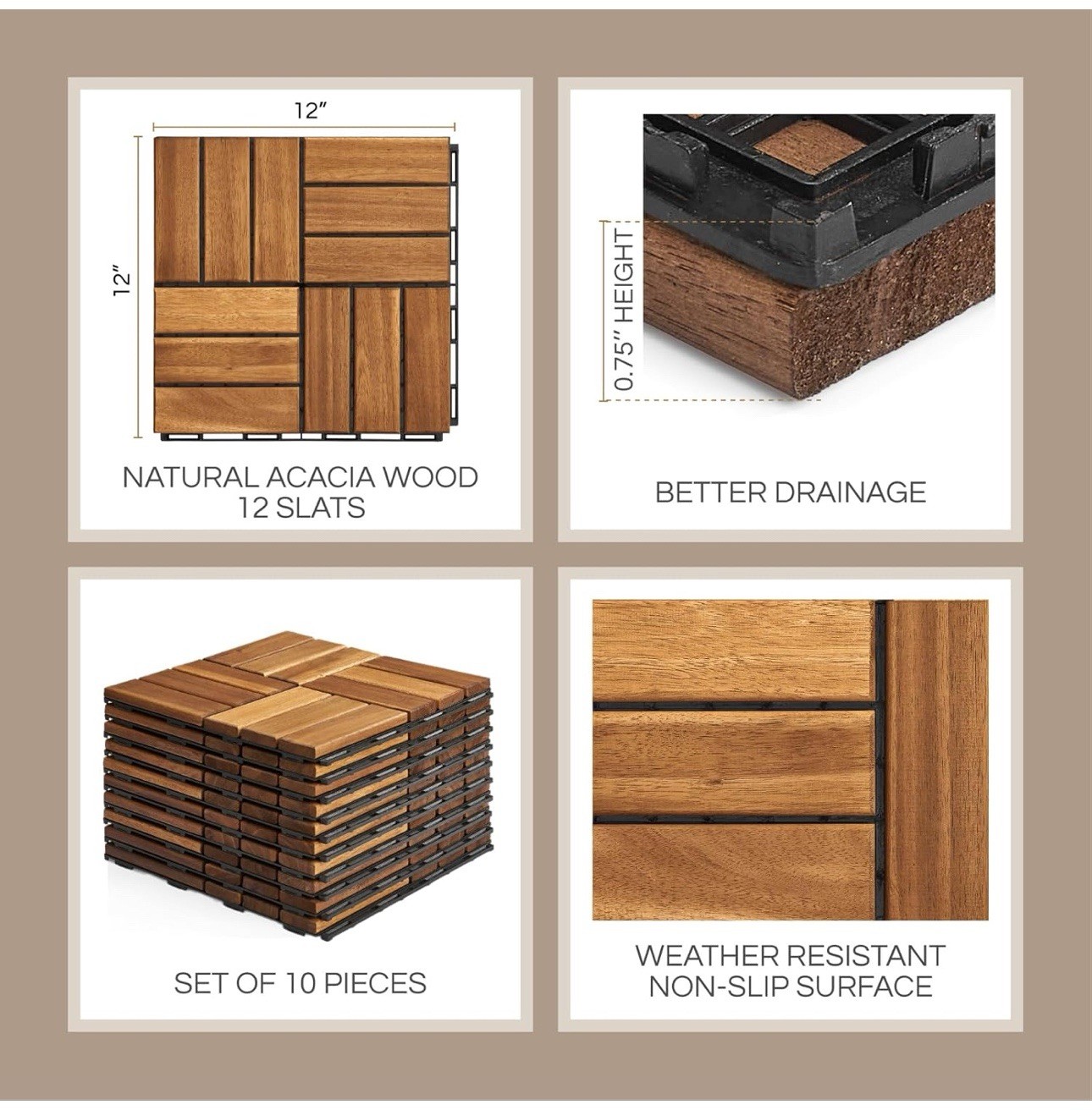 10 Pcs Interlocking Deck Tiles, Waterproof Acacia Wood Patio Flooring for Bal…