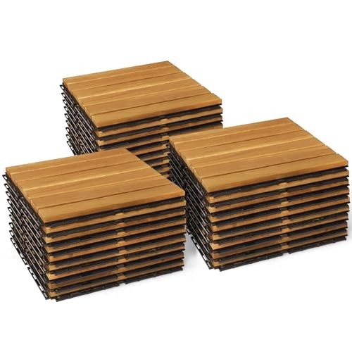 Wood Interlocking Deck Tiles 12×12 Indoor Outdoor Flooring 27 Pcs Golden Striped