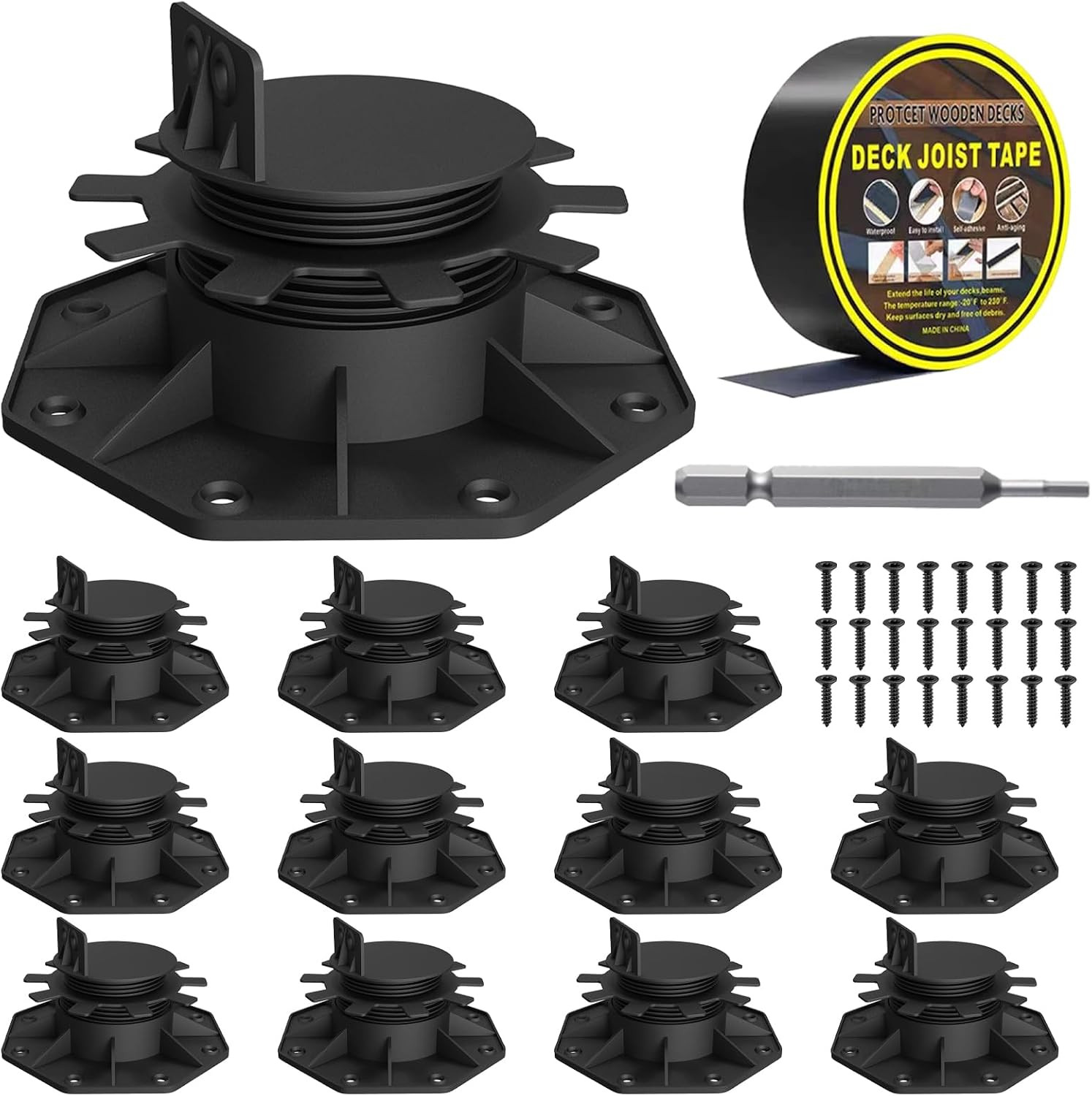 12-Pack Adjustable Deck Support Pedestals, 1.18″–2.36″ (30–60 Mm), for 2×4 & 2×6