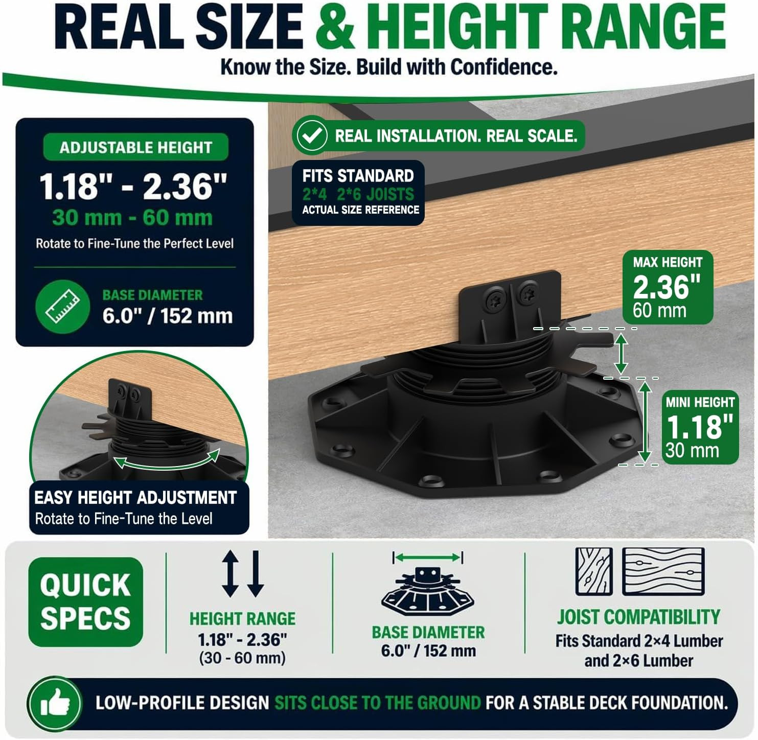 12-Pack Adjustable Deck Support Pedestals, 1.18″–2.36″ (30–60 Mm), for 2×4 & 2×6