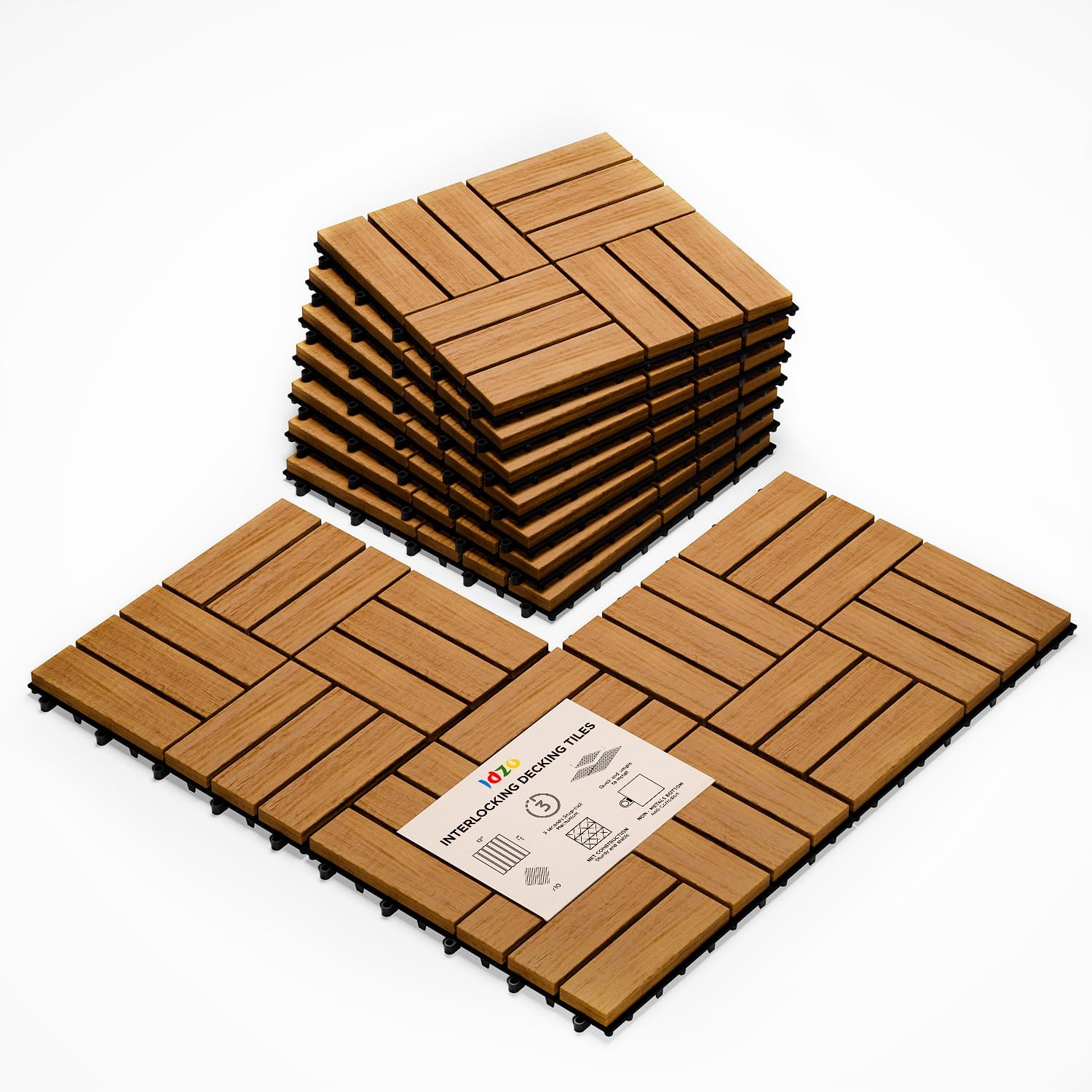 Interlocking Deck Tiles 9.6 SQFT – 10PCS Waterproof Acacia Wood Tiles, Floori…