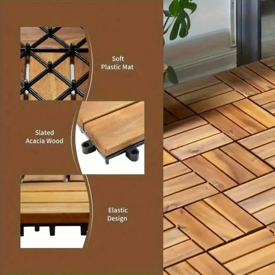 10 Pcs Solid Acacia Wood Interlocking Deck Tiles 12×12 Patio Floor All Weather