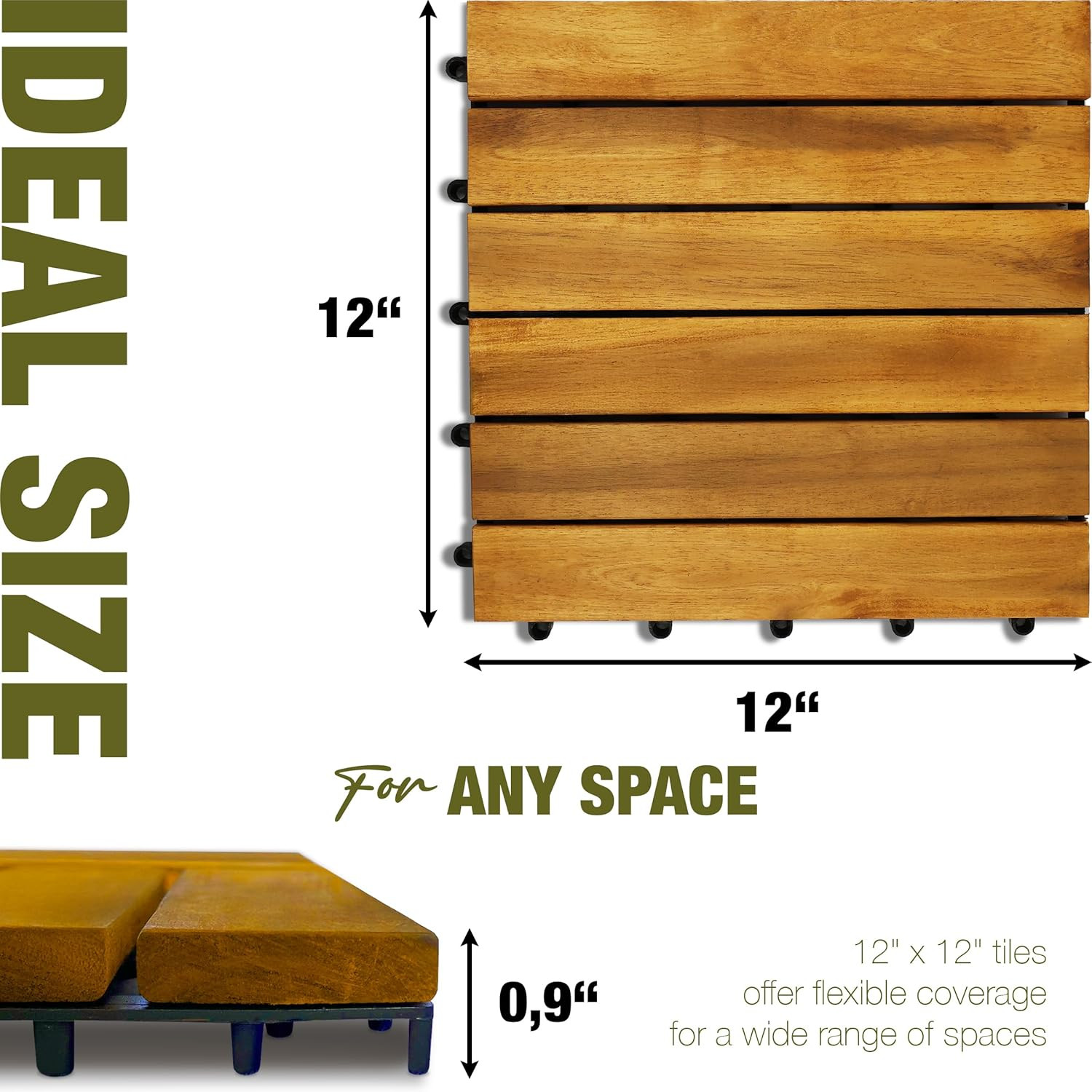 Premium Acacia Wood Interlocking Deck Tiles, 9 PCS 12″X12″X0.9″ Floor Tiles, Wat