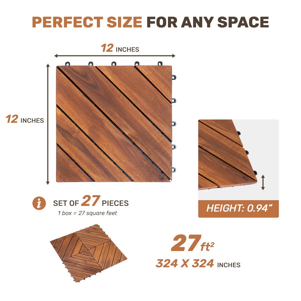 Interlocking Deck Tiles Diagonal Pattern, 12″ x 12″ Acacia Wood Tiles For Patio