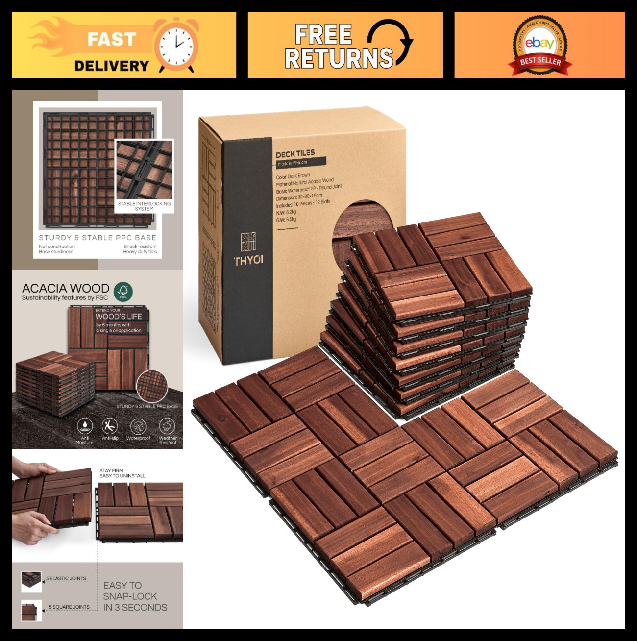 Interlocking Deck Tiles – 10 Pcs 12″x12″ Waterproof Acacia Wood Patio Flooring f