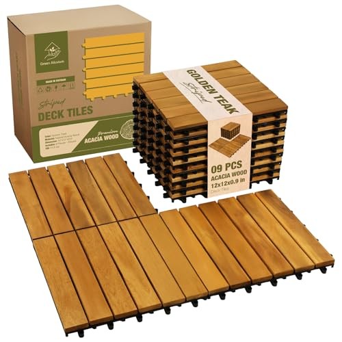 Premium Acacia Wood Interlocking Deck Tiles, 9 PCS Golden Teak – Striped
