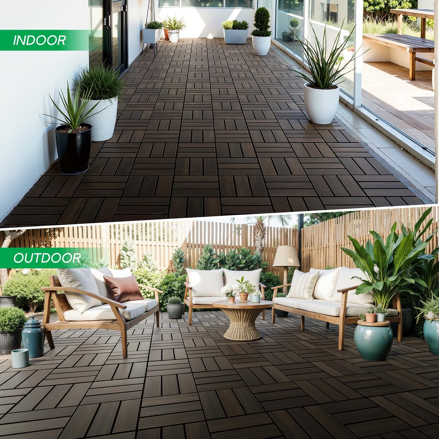 Interlocking Deck Tiles 9.6 SQFT – Waterproof Acacia Wood Patio