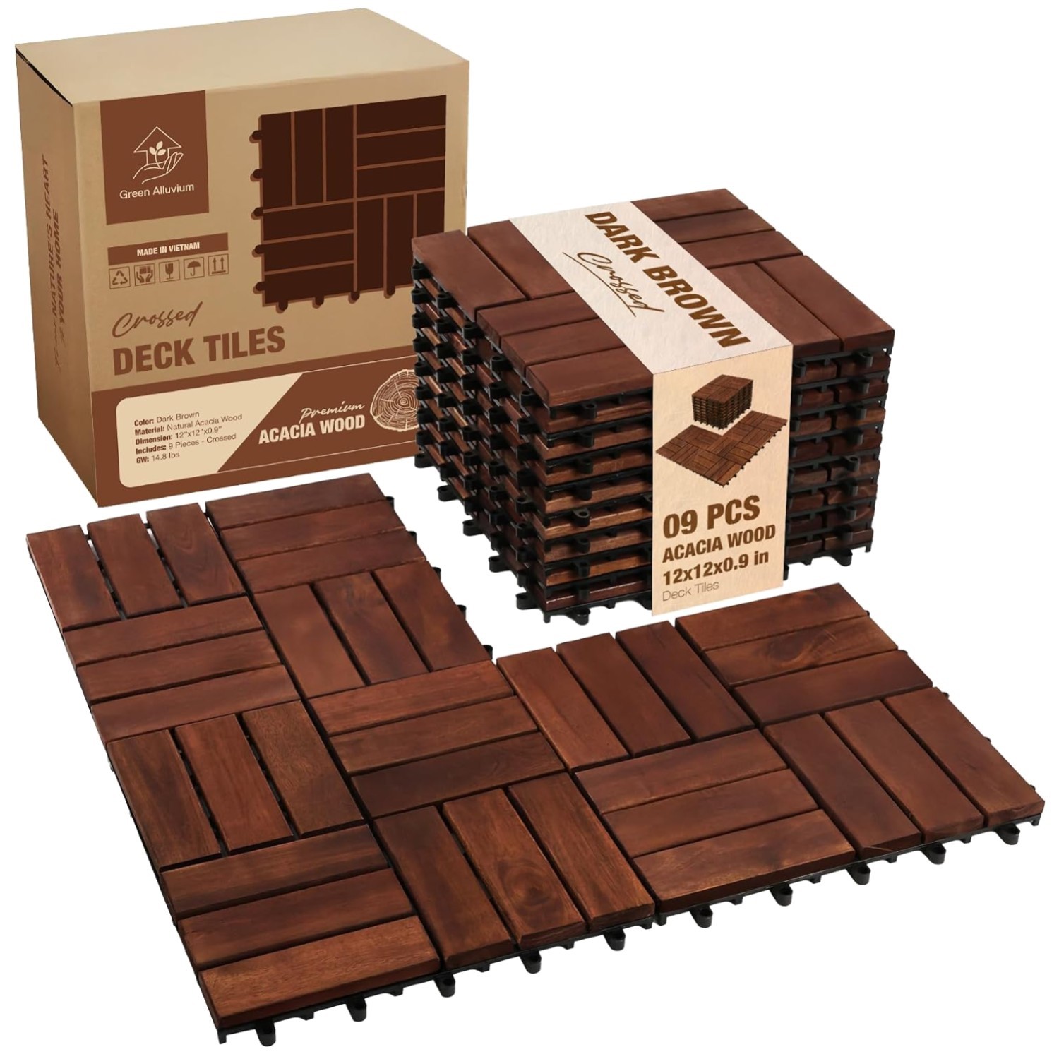 Acacia Wood Deck Tiles, 9 PCS, Outdoor Patio Flooring