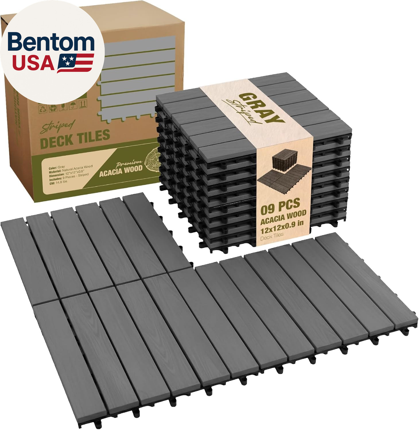 Premium Acacia Wood Interlocking Deck Tiles, 9 PCS 12″X12″X0.9″ Patio Flooring,